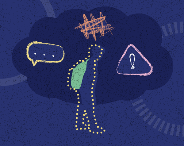 Illustrated silhouette of a young person standing beneath a dark cloud containing a speech bubble, warning symbol and abstract marks representing distress and escalating risk.
